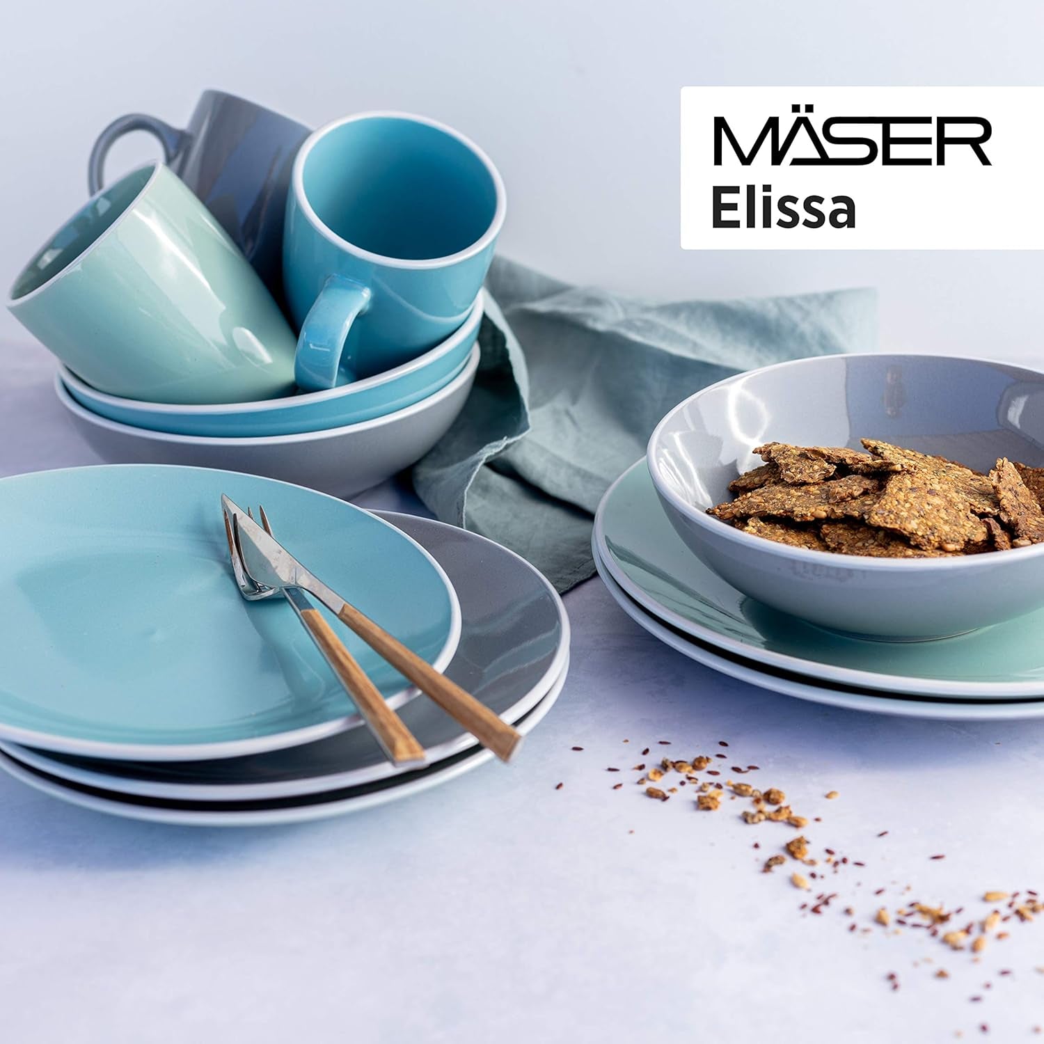 MÄSER 931844 Elissa - Service de table moderne pour 6 personnes, bleu avec bord blanc, ensemble combiné de 24 pièces, céramique