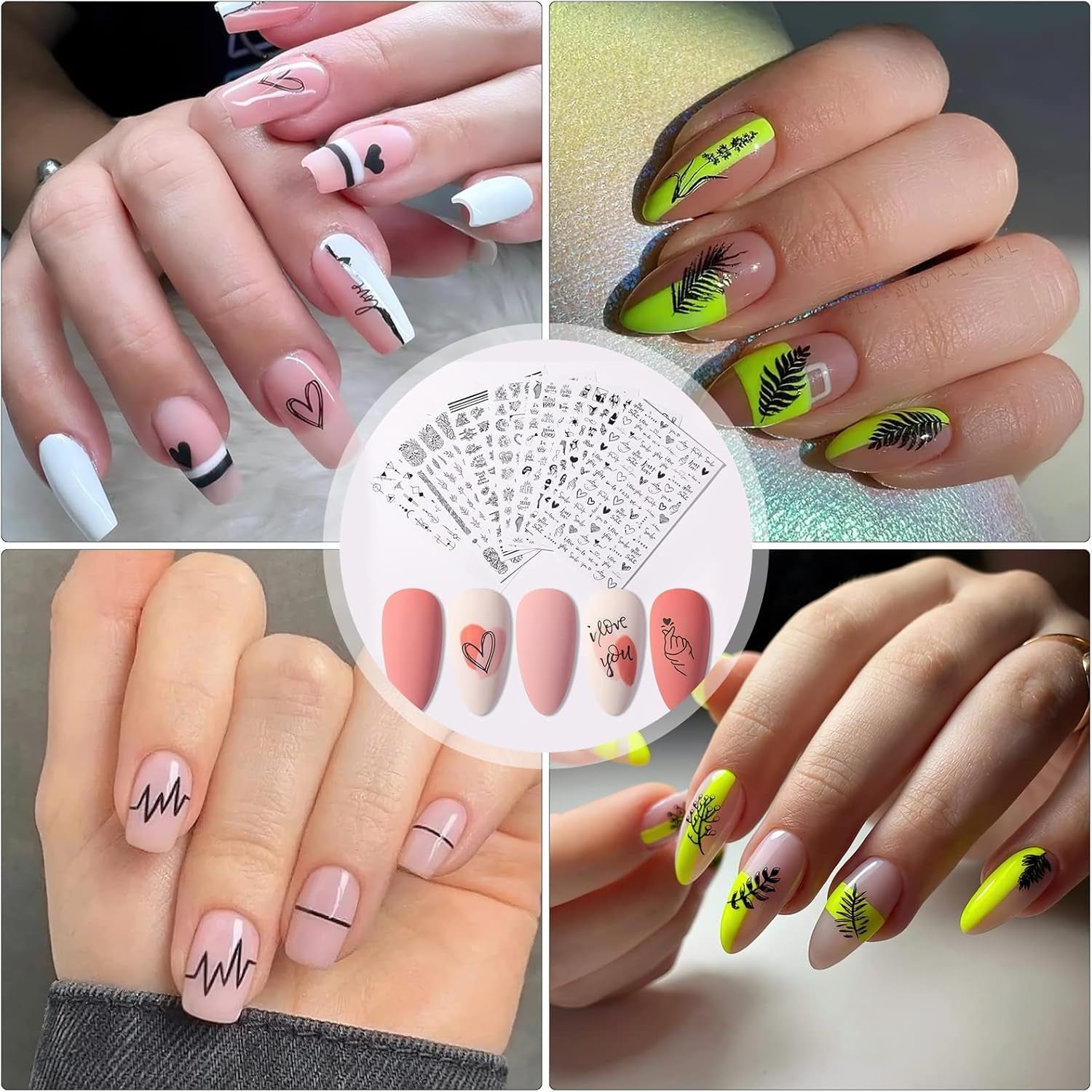 7 Blätter Nagelsticker Selbstklebend Nagelsticker Blumen Abstract 3D Schwarz Nagelaufkleber Nageldesign Herzform Wörter Pflanzen Nagel Sticker DIY Nail Art Zubehör Maniküre Dekoration