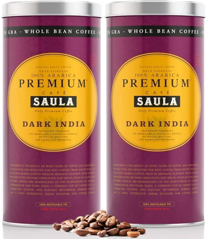 Café en grains Saula, 2 boîtes de 500 gr chacune. Inde foncée premium 100% Arabica