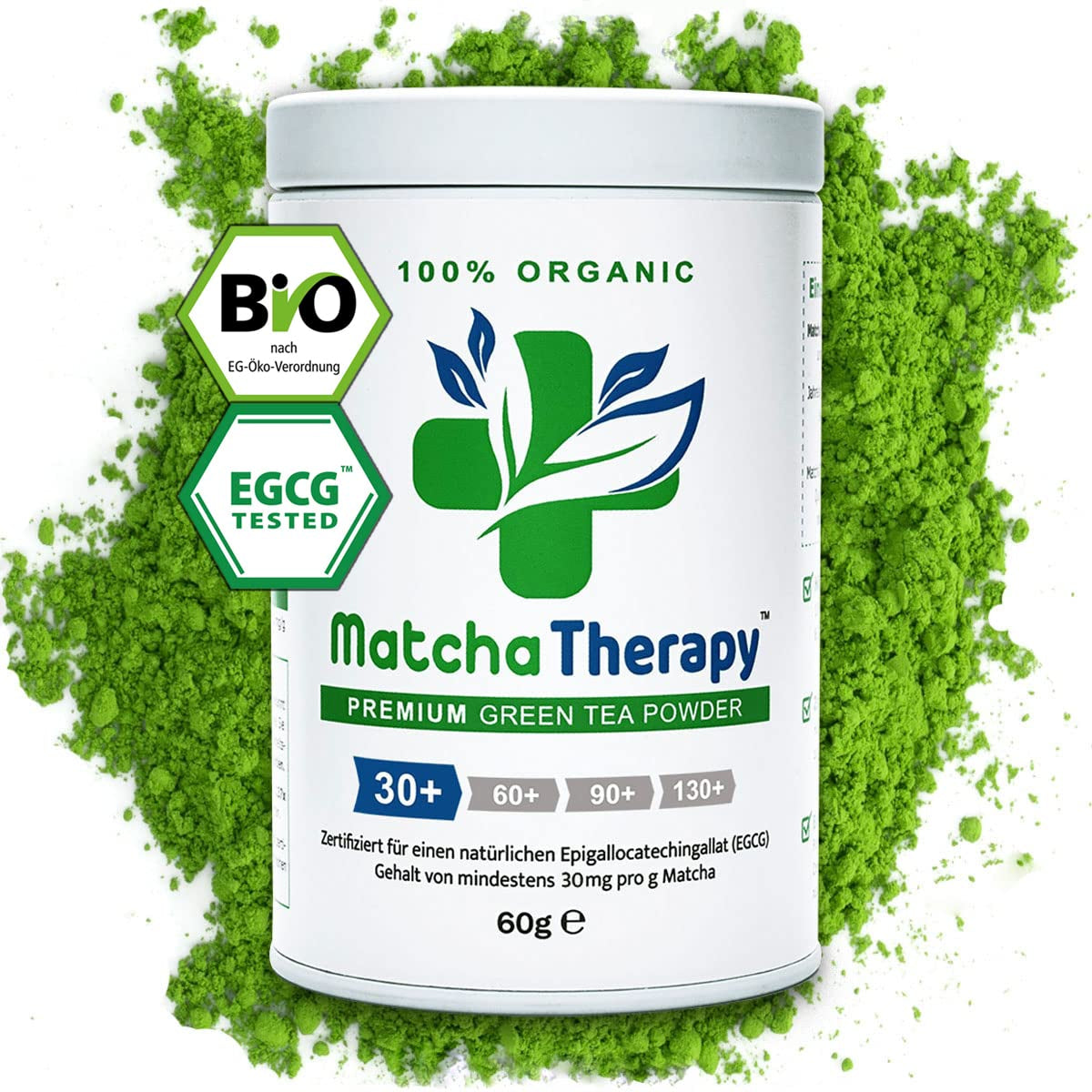 Matchatherapy 30+ | Ceai Matcha organic pudră | 60 g | Cu un conținut verificat de cel puțin 30 mg/g de catechină EGCG | Susține sistemul imunitar și nivelul de energie | Calitate ceremonială | Ceai verde din Japonia