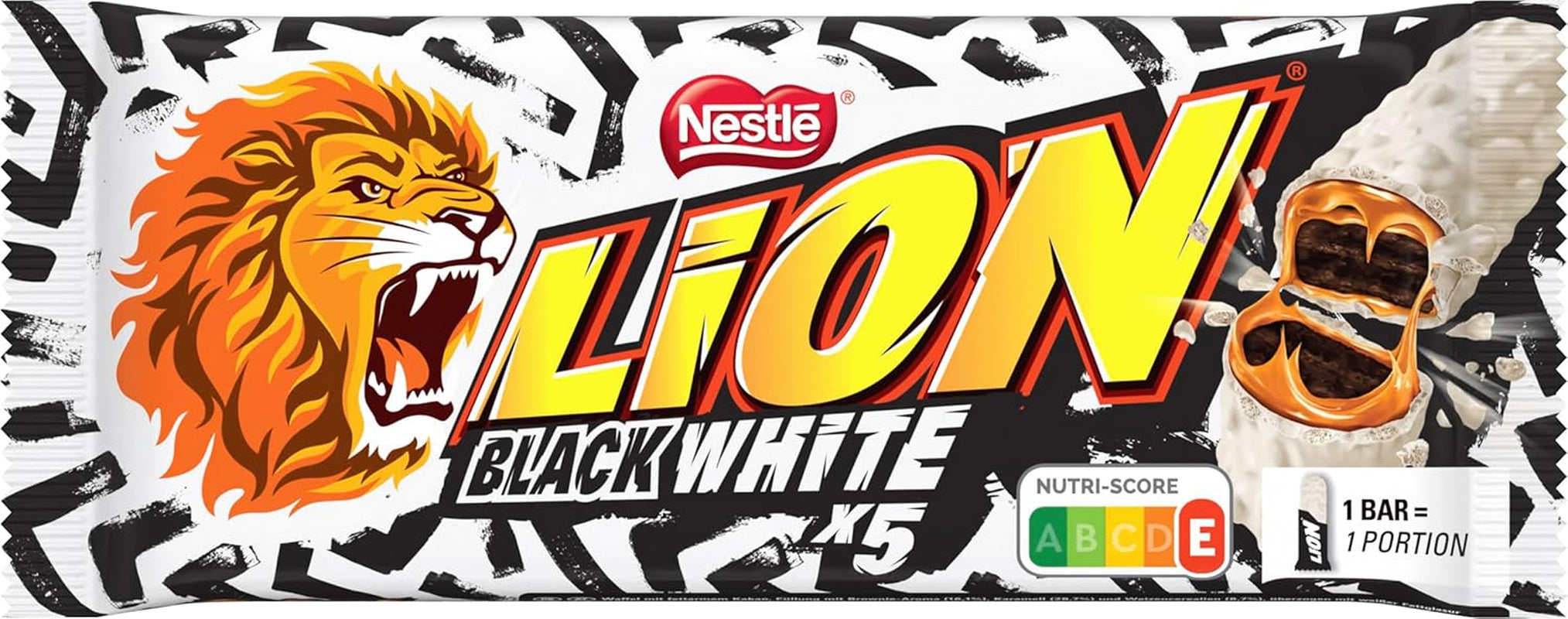 LION Tablette de chocolat Noir & Blanc, un snack au goût intense, chocolat croquant et chips croquantes, fourrage brownie, une expérience gourmande unique, 1 paquet (5 x 30g)