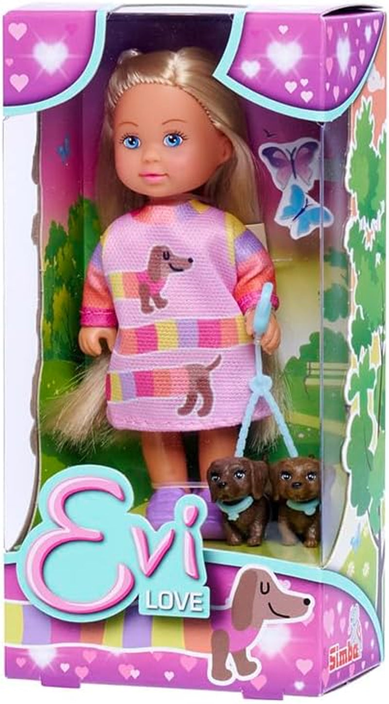 Simba Evi Love Dogs, Puppe mit Zwei süßen Dackeln an der Leine, 12cm Spielpuppe, ab 3 Jahren