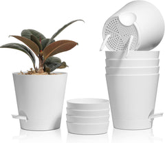 T4U Pots de fleurs en plastique de 14 cm avec système d'arrosage, lot de 6 pots de fleurs et soucoupes à arrosage automatique, pots ronds pour plantes de jardin de balcon intérieur, plantes grasses, cactus, blanc