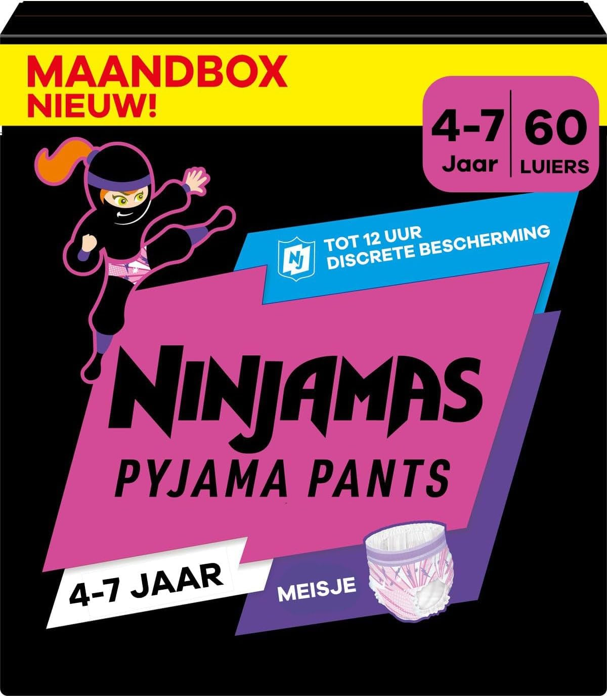 Pampers Pantalon de pyjama couleur unie cœurs 4-7 ans 60 pantalons de pyjama 17-30 kg Protection contre les fuites toute la nuit