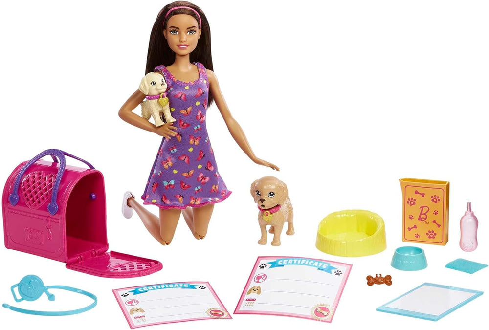 Adoption Barbie Puppy - Poupée et 2 chiots, avec certificats d'adoption, effet changement de couleur, cage et accessoires, pour enfants à partir de 3 ans, HKD 86
