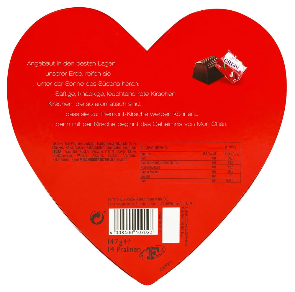 Ferrero Mon Chéri Heart - Cadeau Chocolat Saint Valentin pour Elle et Lui - Chocolat Croquant, Liqueur Fruitée et Cerises Aromatisées - Pour la Saint Valentin, la Fête des Mères et Pâques - 1 Paquet 147g
