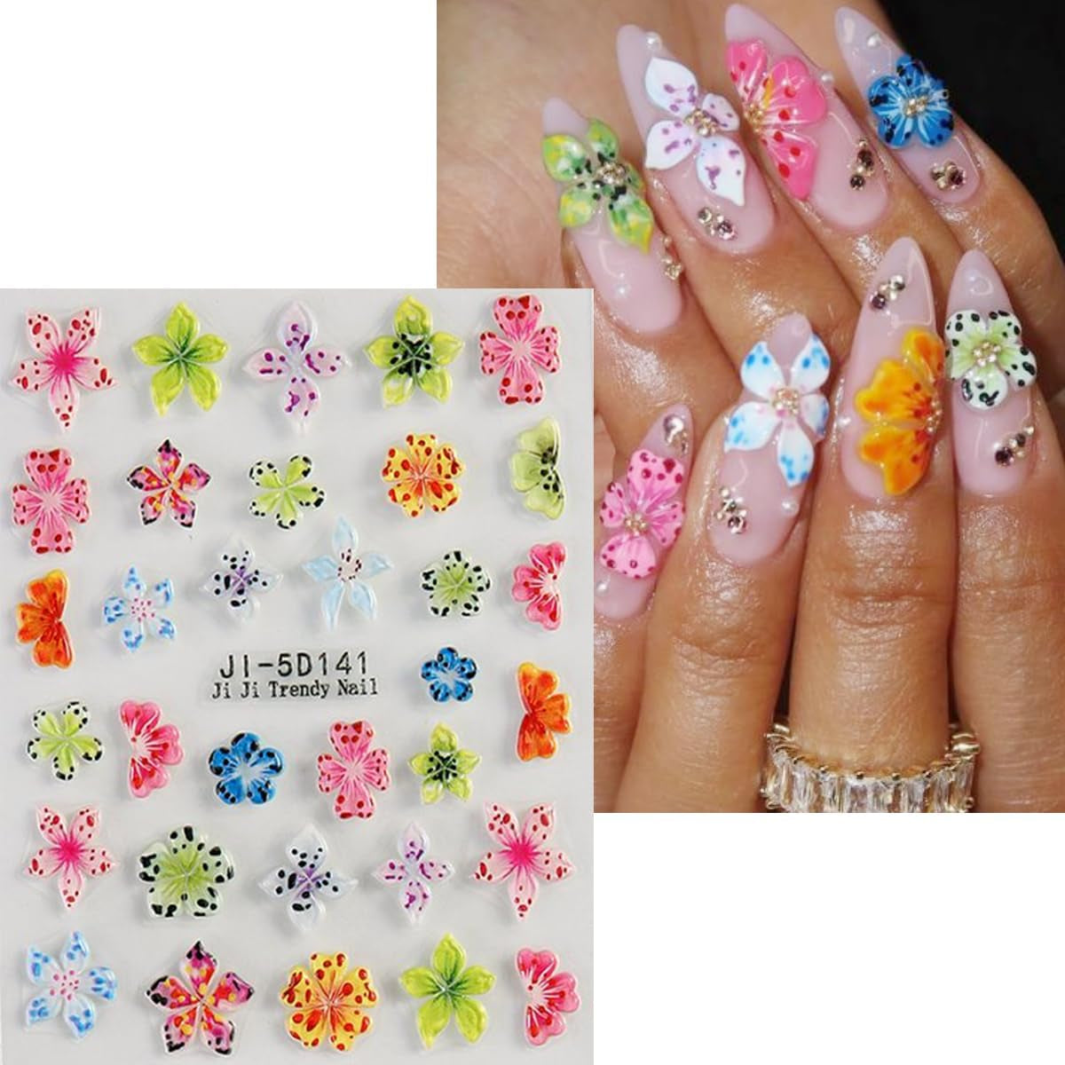 JMEOWIO Autocollants de manucure 3D en forme de fleur colorée pour nail art