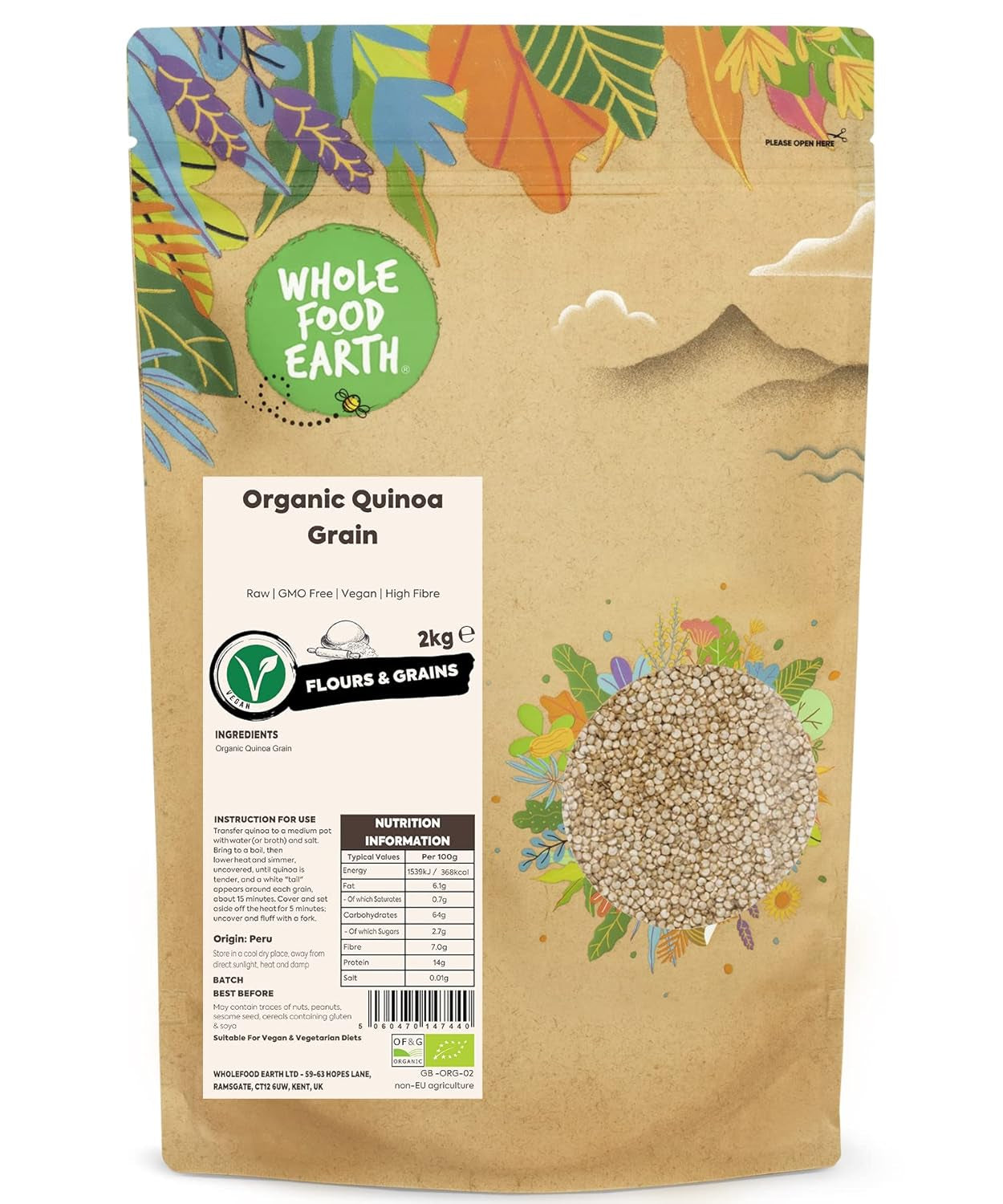 Grains de quinoa biologiques Wholefood Earth – 2 kg | Cruel | Sans OGM | Végétalien | Riche en fibres | Certifié biologique