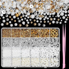 GZMAYUEN 920 pièces perles à dos plat or argent pour ongles, perles à ongles demi-brun blanc beige, petites perles à dos plat demi-brun pour décoration d'art d'ongle bricolage