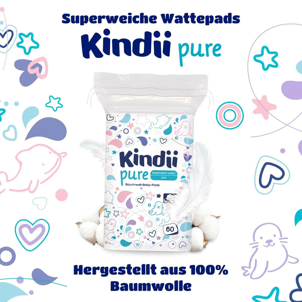 Tampoane Kindii Pure Baby - 100% bumbac - Tampoane pătrate mari pentru pielea sensibilă - Înlocuiește șervețele umede - Moale - Margini moi Servetele Umede Bebelusi Naty Shop