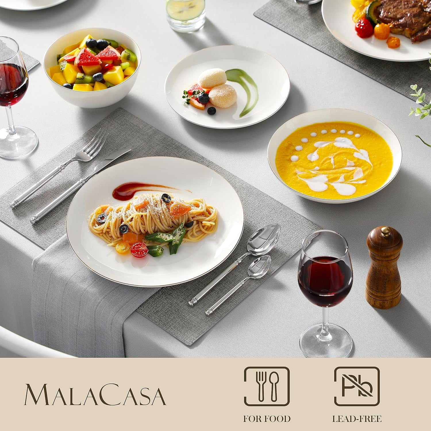 MALACASA Service de table pour 4 personnes en porcelaine tendre, service de table 16 pièces rond blanc avec bord doré, ensemble combiné de 4 assiettes plates, 4 assiettes à dessert, 4 assiettes Suma et 4 bols à céréales Série NORI