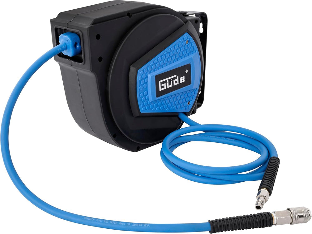 Enrouleur de tuyau automatique Güde 10 m (pression de service 12 bar, rotation 180°, tuyau d'air comprimé extrêmement flexible, résistant à l'huile et à la température, filetage de raccordement 1/4", support mural)