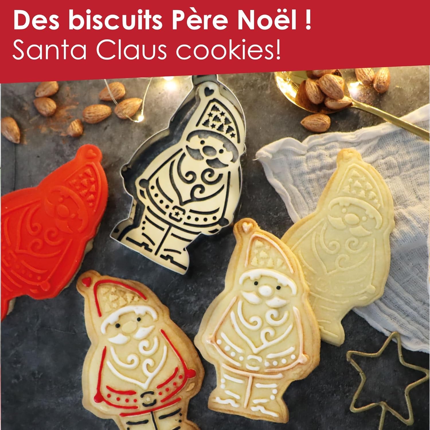 ScrapCooking - Ensemble d'emporte-pièces en bois Père Noël en relief - Emporte-pièce de Noël en acier inoxydable en relief - Accessoires de pâtisserie - Idée cadeau de Noël pour la cuisine - 2079