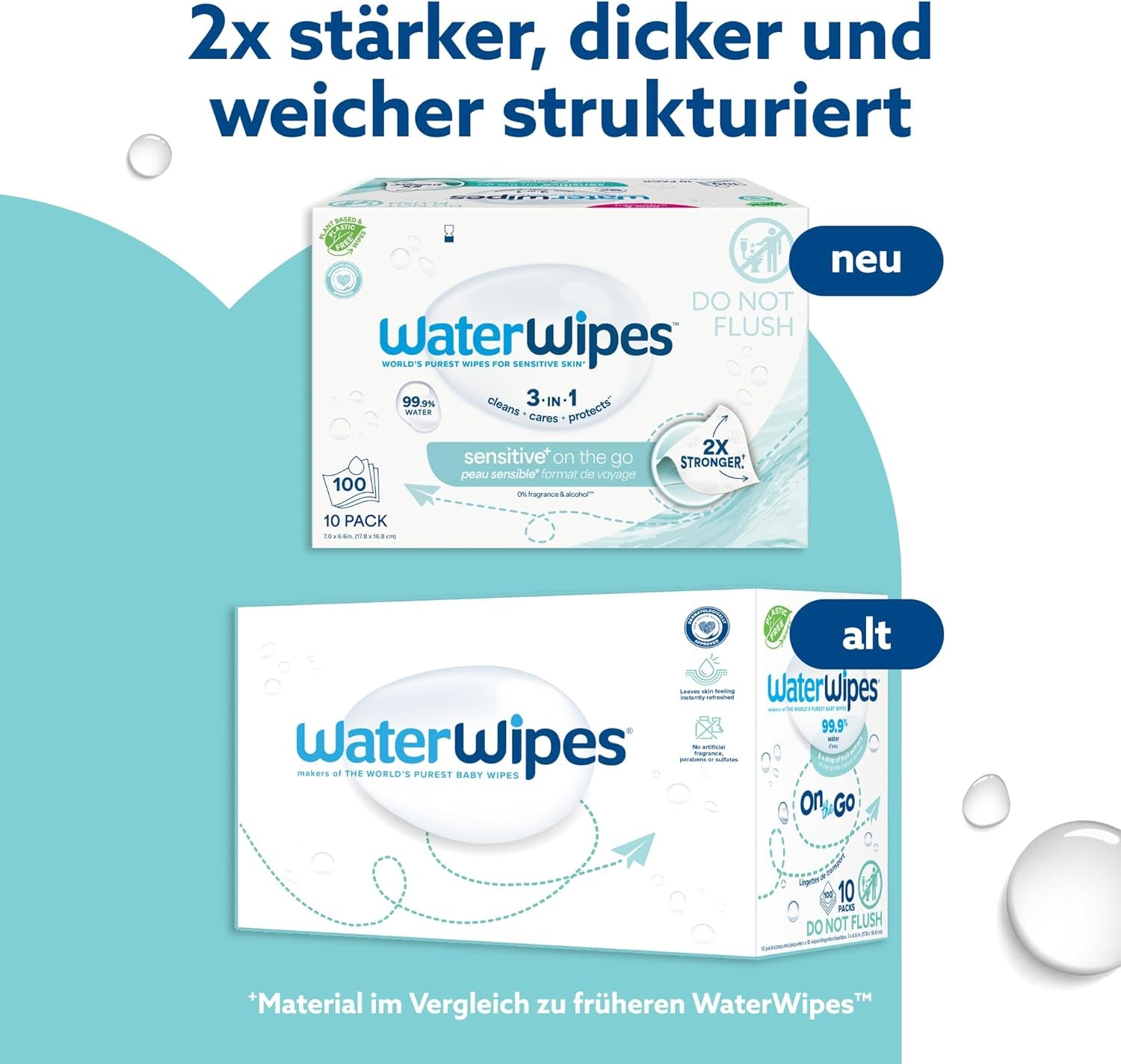 Lingettes humides WaterWipes Sensitive+ On The Go, 100 lingettes (paquet de 10), 3 en 1 nettoie, soigne, protège, 99,9 % d'eau, lingettes sans parfum