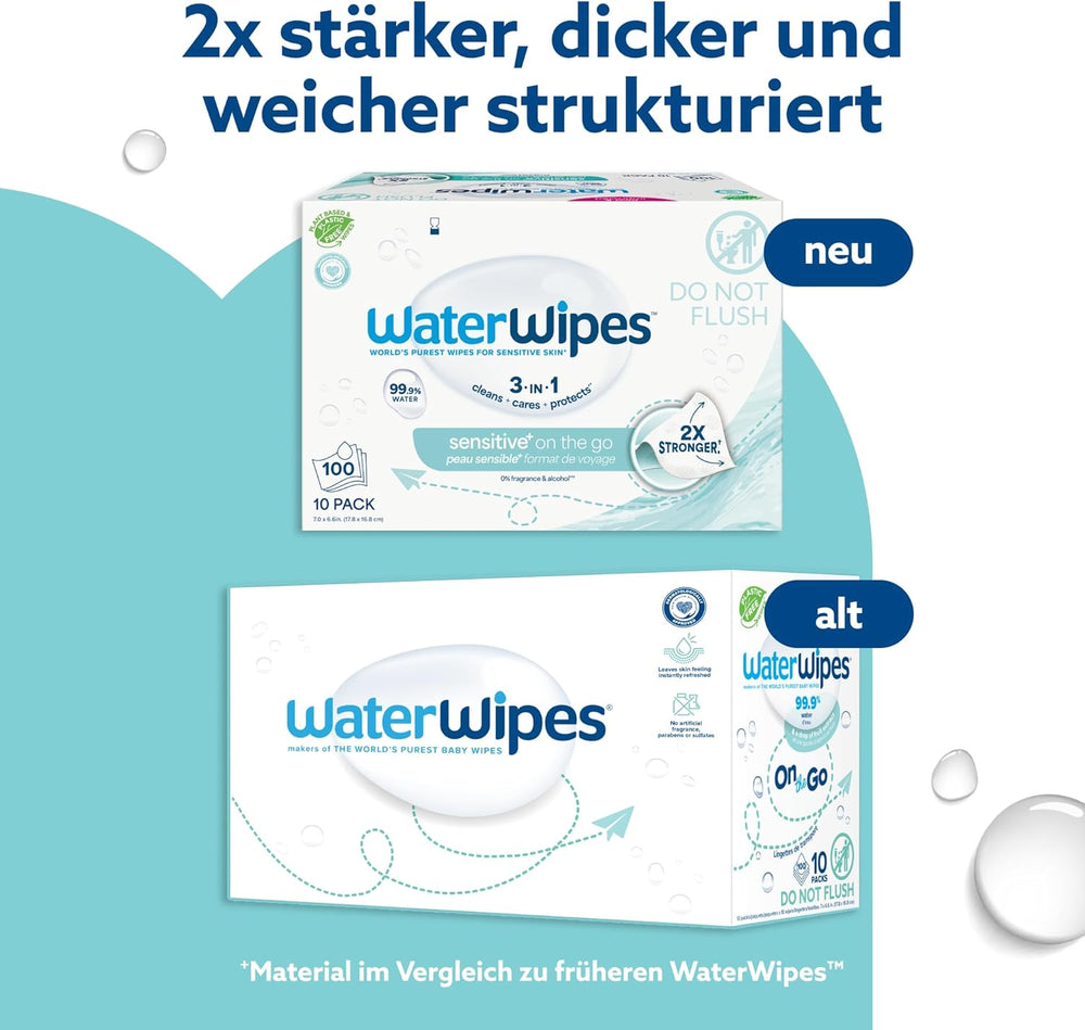 Lingettes humides WaterWipes Sensitive+ On The Go, 100 lingettes (paquet de 10), 3 en 1 nettoie, soigne, protège, 99,9 % d'eau, lingettes sans parfum