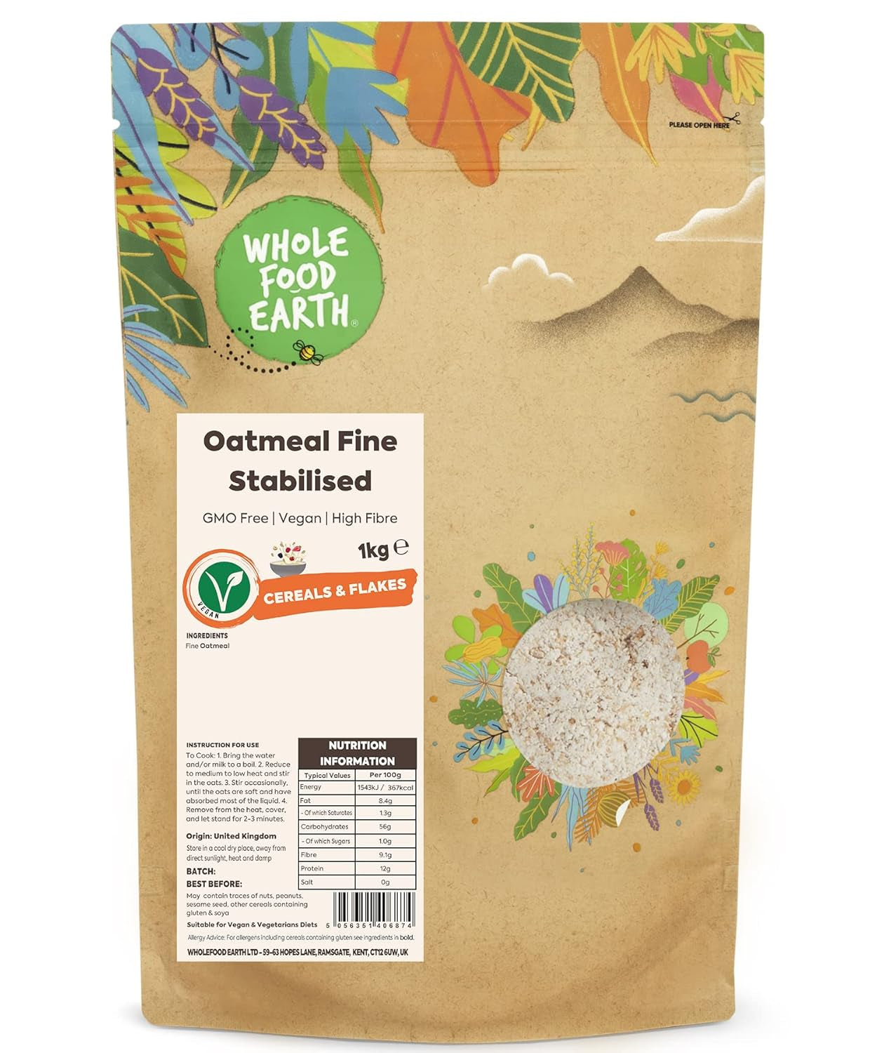Wholefood Earth Fine Oats - sans OGM - végétalien - sans produits laitiers - sans sucre ajouté 1 kg