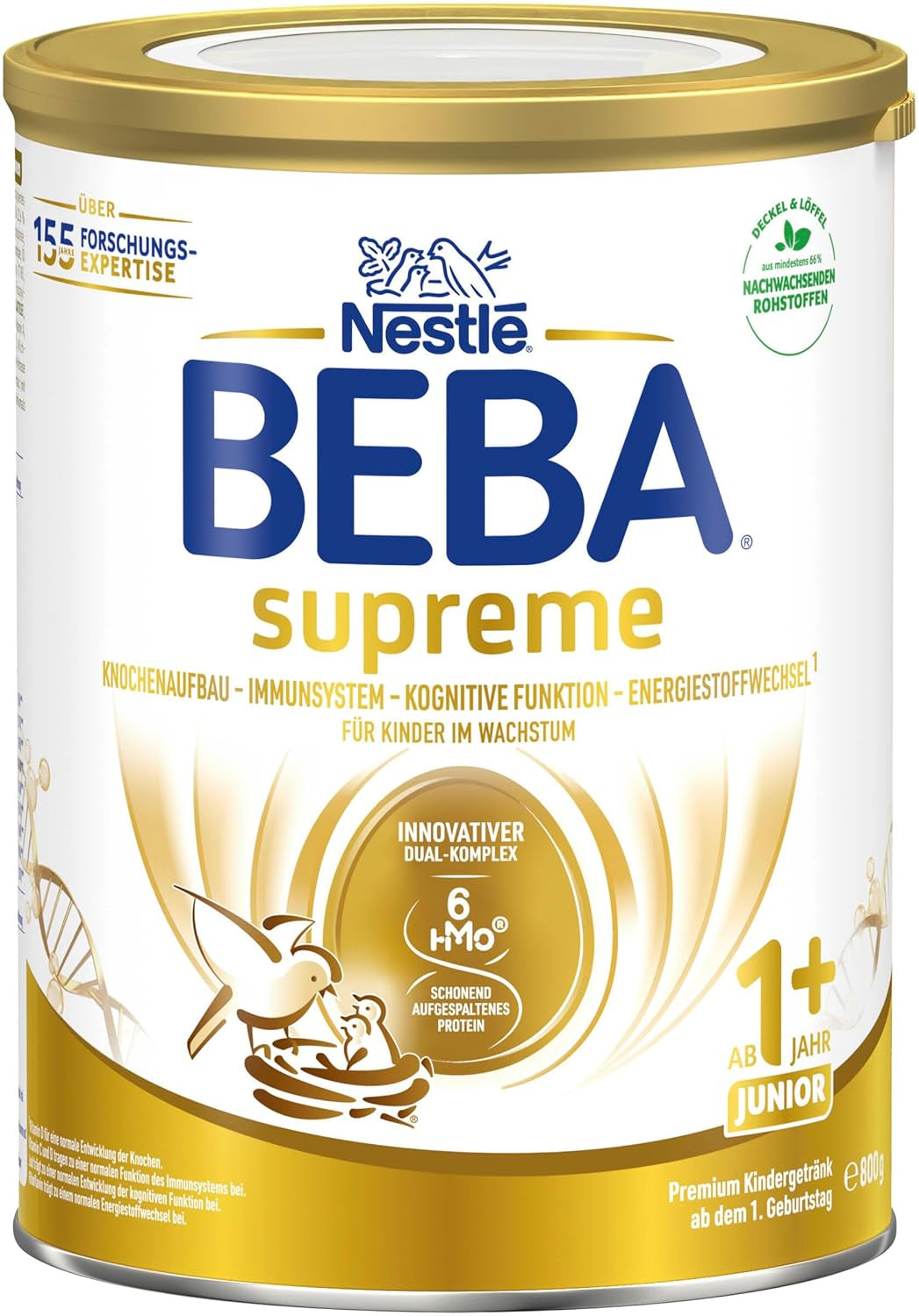 BEBA SUPREME JUNIOR 1 Plus - Boisson pour enfants à partir de 1 an, au complexe 6 HMO, sans lactose, sans huile de palme, sans huile de poisson, nourriture pour petits enfants, lait en poudre pour bébé, pack de 6 (6 x 800g)