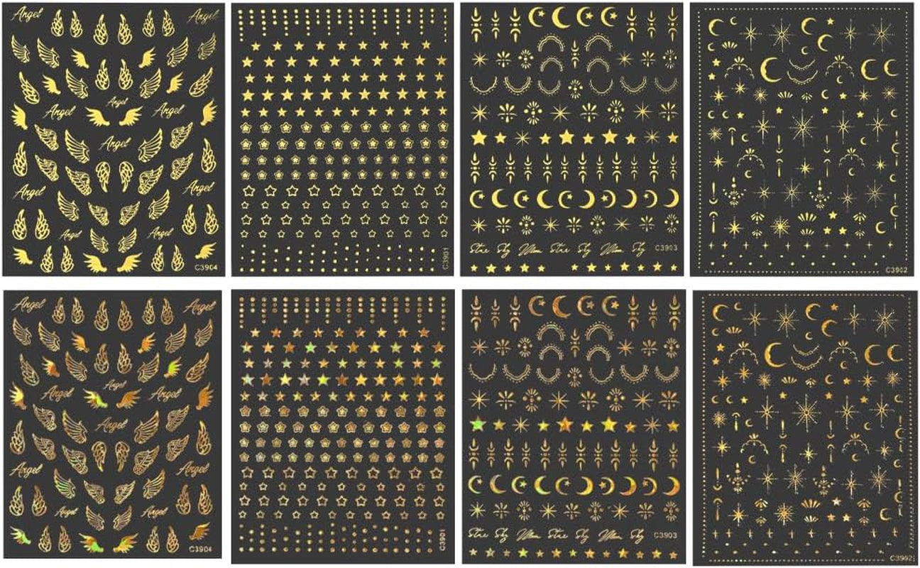 8 coli de autocolante pentru unghii cu stele și lună aurie, aripi de înger, autocolante pentru unghii bronzante, aurii, stele, folie de unghii, autocolante autoadezive pentru unghii, accesorii pentru design unghii, autocolante pentru unghii