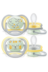 Philips AVENT Sucette de nuit Ultra Air pour bébés de 18 mois et plus qui brillent dans le noir, pack de deux nuages/tigre (modèle SCF376/01)