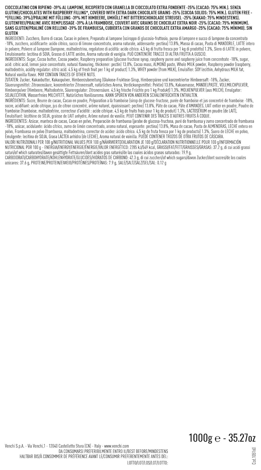 Venchi – Chocoviar Framboise, pralines en sachet de 1 kg, au chocolat noir, sans gluten, sans colorants artificiels et sans conservateurs