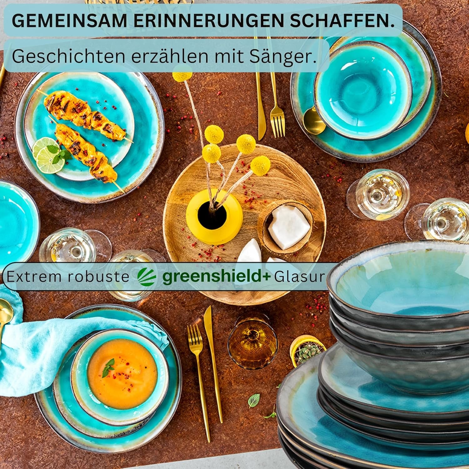 SANGER | Capri Dinnerware Service de table 12 pièces pour 4 personnes en grès comprenant des assiettes plates, des assiettes à dessert et des assiettes Suma Service de table turquoise fait à la main avec bord gris | LA COLLECTION PREMIUM