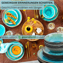 SANGER | Capri Dinnerware Service de table 12 pièces pour 4 personnes en grès comprenant des assiettes plates, des assiettes à dessert et des assiettes Suma Service de table turquoise fait à la main avec bord gris | LA COLLECTION PREMIUM