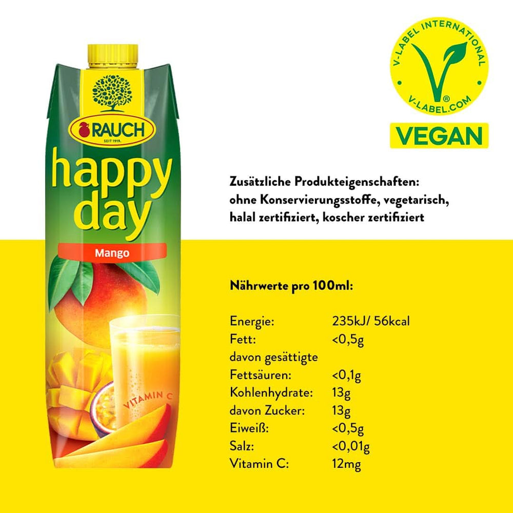 Rauch Happy Day Mangue | Boisson raffinée au fruit de la passion | Beaucoup de vitamine C | 6 x 1 litre, Tetra Prisma Naty Shop