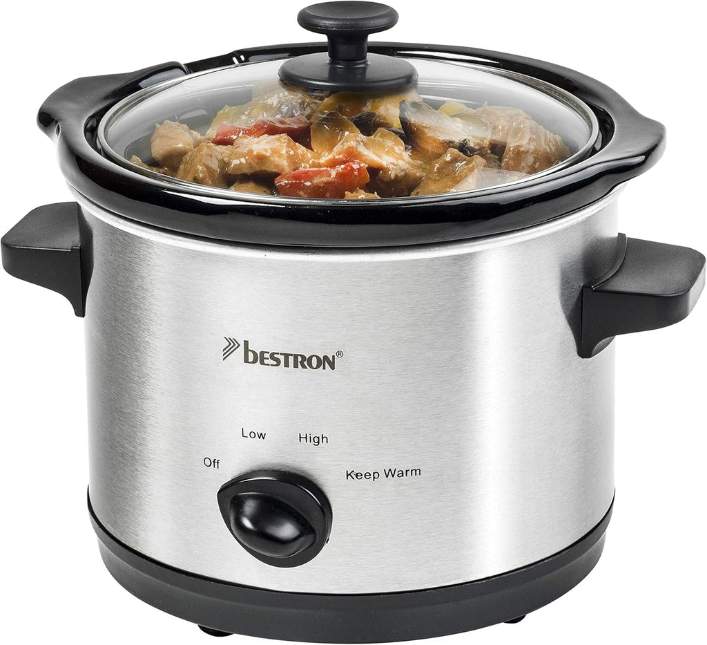 Bestron slow cooker cu tigaie ceramică și capac din sticlă, termostat cu 3 niveluri, ideal pentru multe feluri de mâncare, cum ar fi carne, supe și legume, 3,5 litri, culoare: argintiu Slow Cooker Naty Shop Argintiu 2 persoane