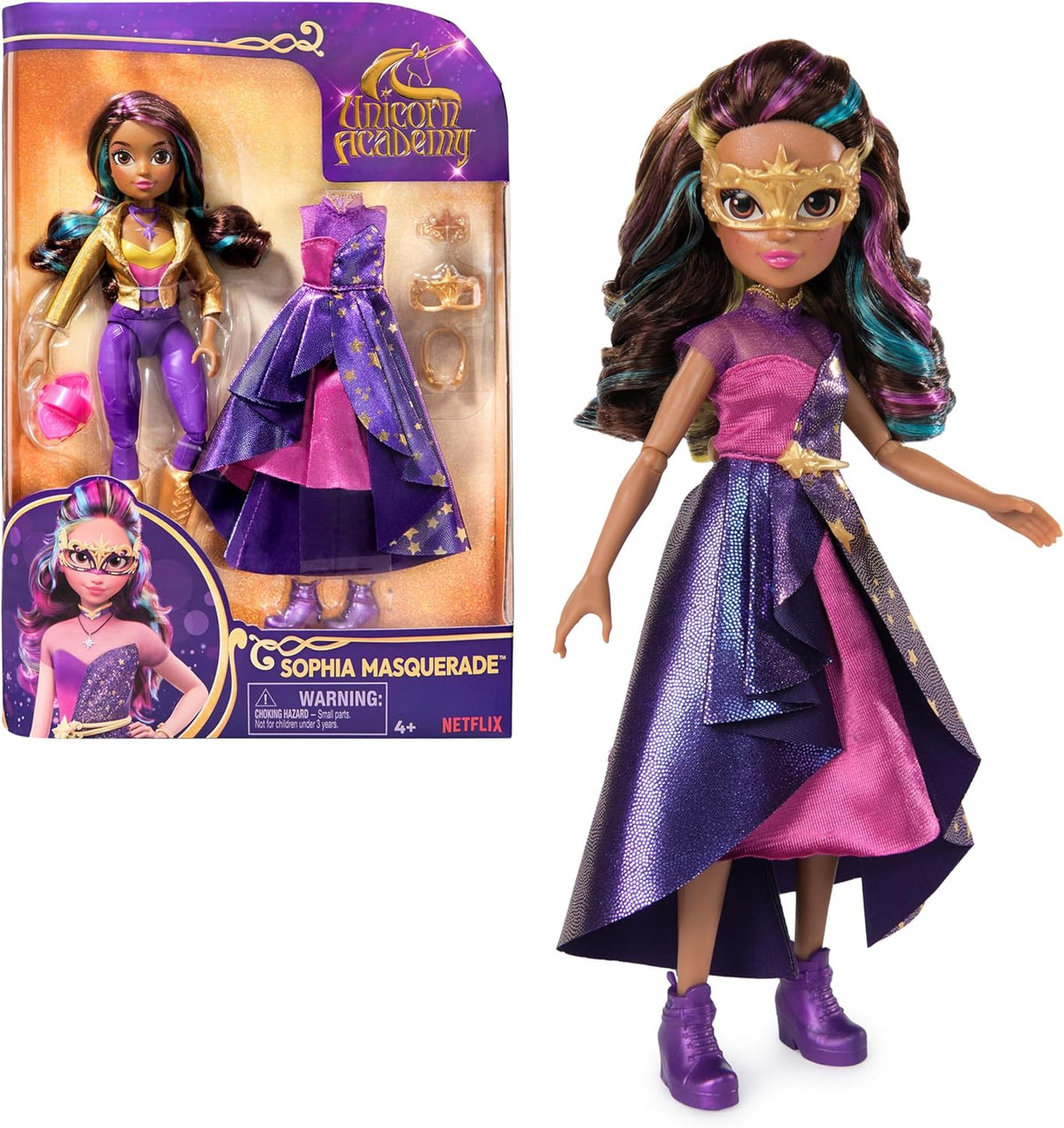 Bal masqué Deluxe Unicorn Academy - Poupée originale Sophia de la populaire série Netflix, 24 cm de hauteur, avec 2 tenues et accessoires, à partir de 4 ans