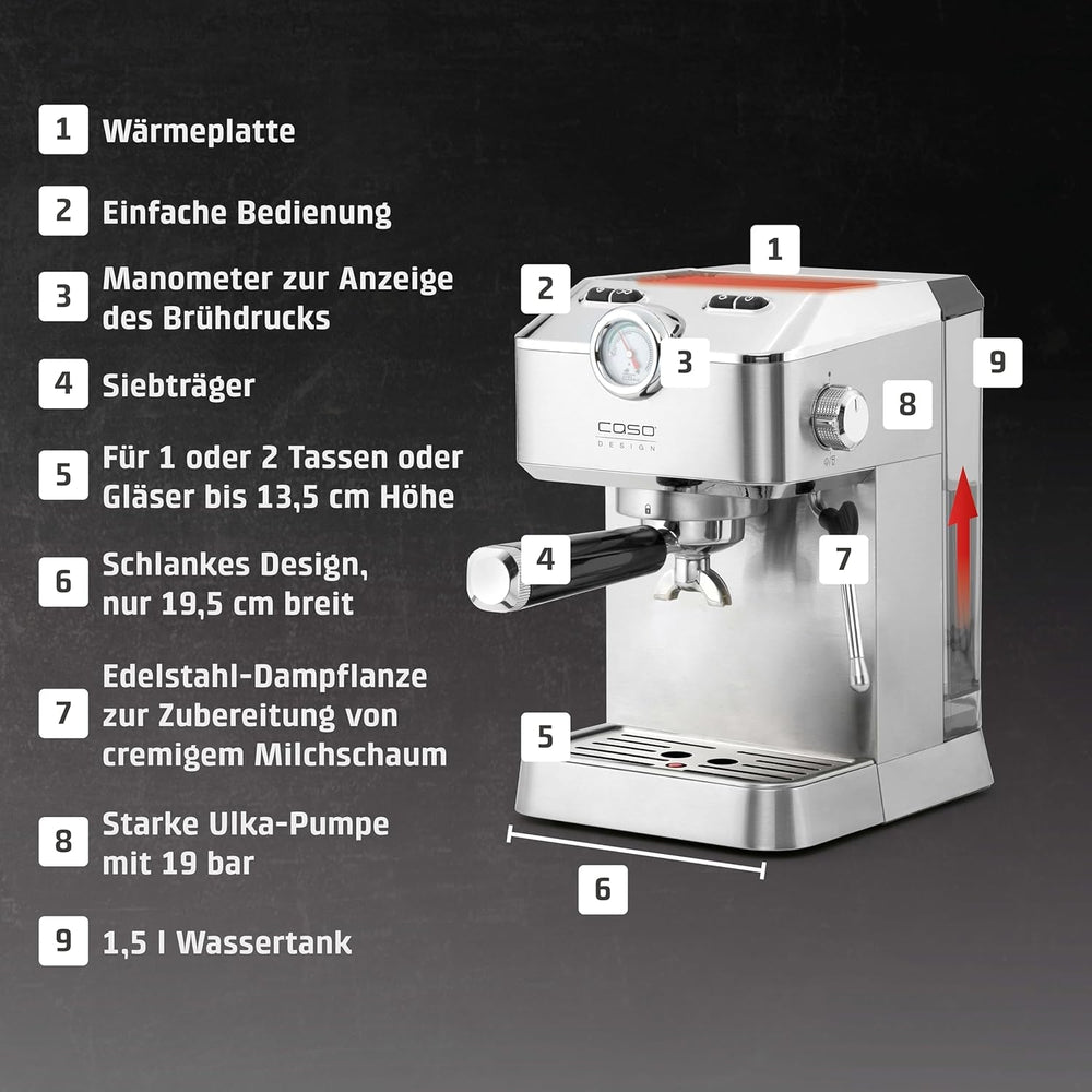 Caso Espresso Gourmet - Machine à expresso porte-filtre en acier inoxydable, puissante pompe Ulka 19 bars, avec mousseur à lait, pour café moulu ou capsules de café ESE, pour 2 tasses, avec chauffe-tasses