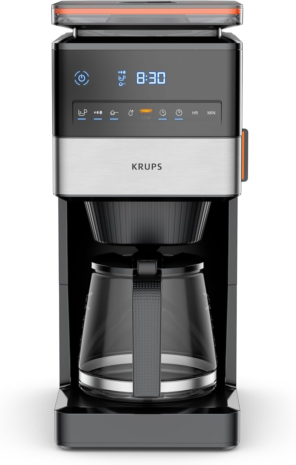 KRUPS Grind Aroma XL Machine à expresso, broyeur conique amovible, panneau de commande numérique, capacité XL (1,5 L), fonction maintien au chaud, carafe en verre, noir/acier inoxydable, KM842810