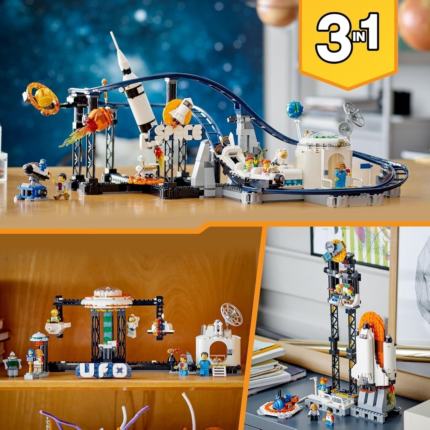 LEGO 31142 Creator Kit de jouets de montagnes russes spatiales 3 en 1 pour enfants avec chariots de travail, se transforme en tour à chute libre ou en carrousel avec des fusées et des briques lumineuses. Besuche an LEGO-Store