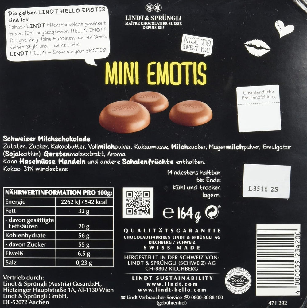 Assortiment de chocolat (37 boules LINDOR, 24 bâtonnets Hello Mini, 10 Mini Fioretto), cadeau chocolat (1 x 815 g) et HELLO Mini Emoti, chocolat au lait en 5 motifs d'émoticônes, 164 g
