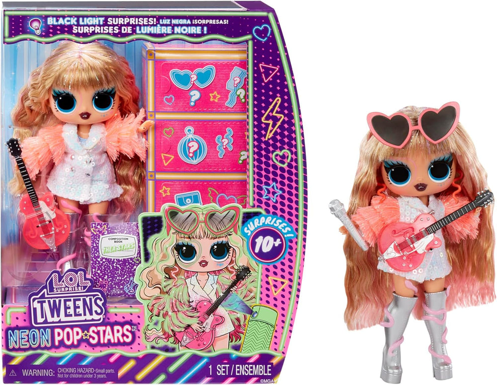 L.O.L. Surprise! Tweens Neon Pop Stars - Kitty K - 1 Modepuppe mit Backlight Surprises und 10+ Pop Star Fashions und Accessoires Inklusive Retro Mikro-Ständer, Geschenk für Kinder ab 4