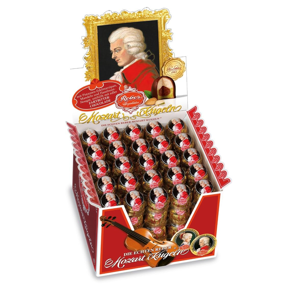 Boules Reber Mozart, coffret de présentation 4x45, boules de chocolat noir fourrées à la pistache, pâte d'amande, nougat aux amandes et noisettes, 3,6 kg (180 pièces)