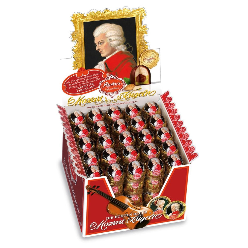 Boules Reber Mozart, coffret de présentation 4x45, boules de chocolat noir fourrées à la pistache, pâte d'amande, nougat aux amandes et noisettes, 3,6 kg (180 pièces)