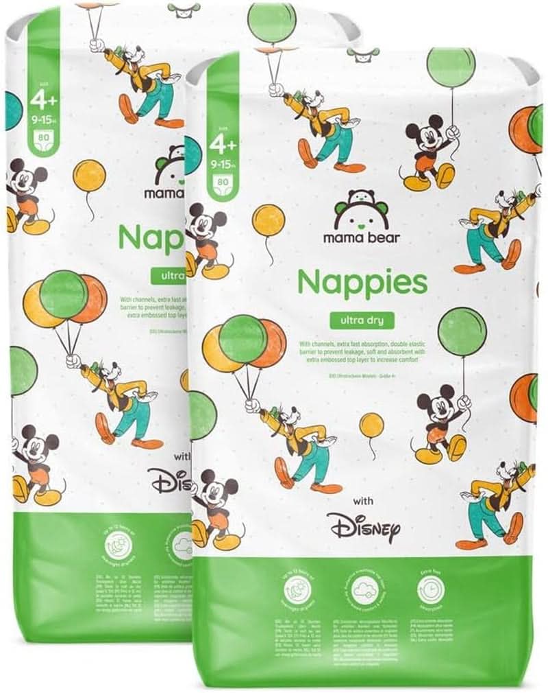 Couches Mama Bear Disney Ultra Dry taille 4 (8-14 kg), blanches, 84 pièces (1 paquet) Naty Shop taille 4+ (9-15 kg) paquet mensuel