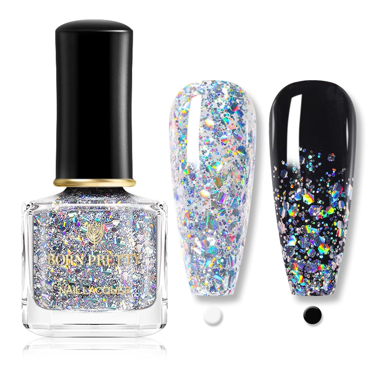 Vernis à ongles à paillettes Born Pretty, vernis à ongles noir brillant à paillettes arc-en-ciel Super Shine
