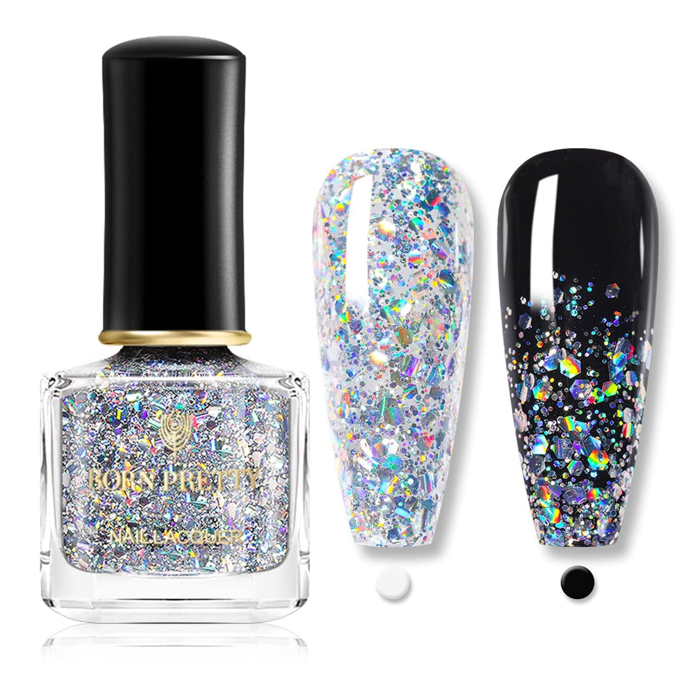 Vernis à ongles à paillettes Born Pretty, vernis à ongles noir brillant à paillettes arc-en-ciel Super Shine