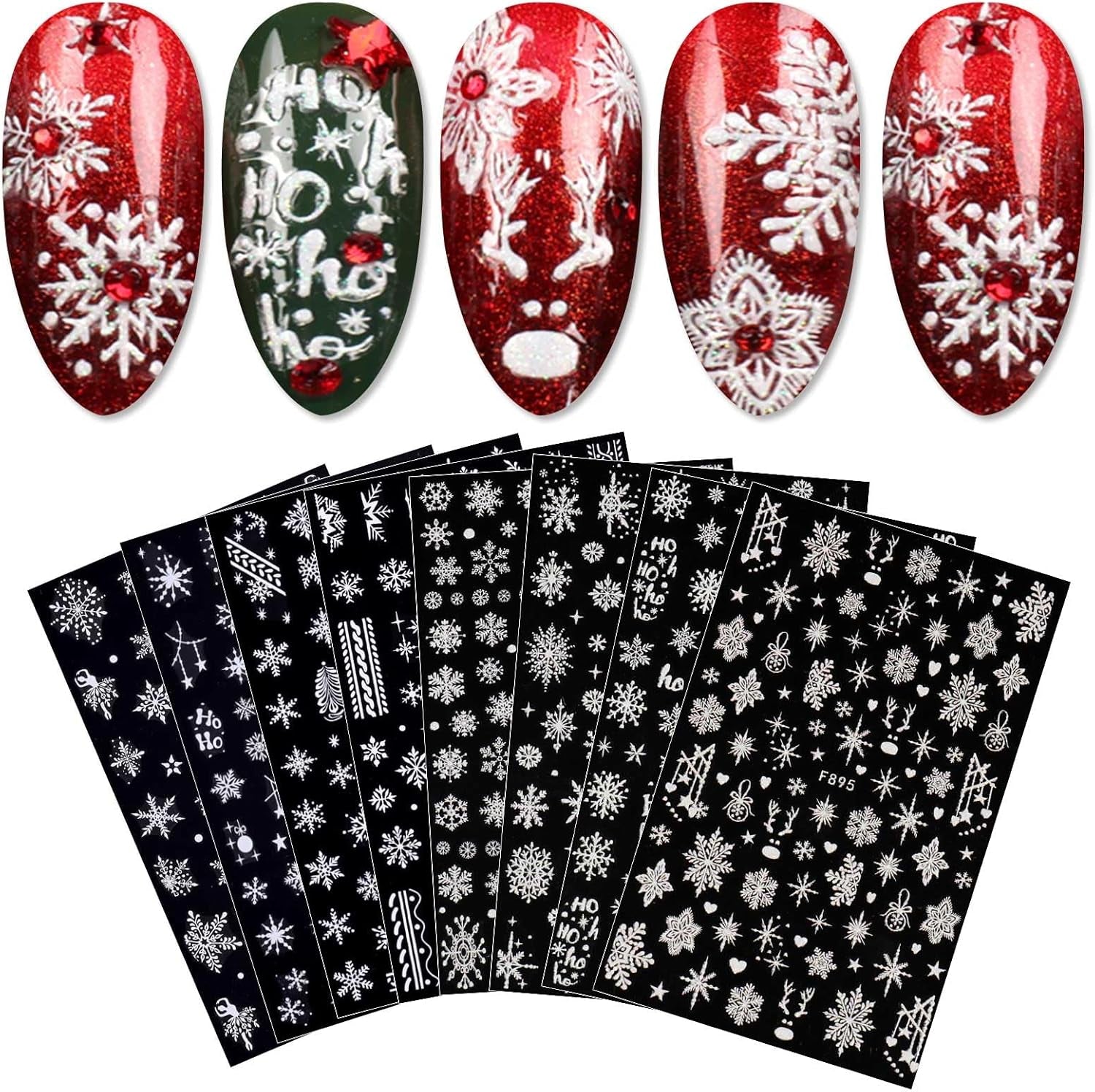 JMEOWIO Nagelsticker Weihnachten Weiß Glitter 8 Blatt Nail Art Sticker Selbstklebend Nagelaufkleber Schneeflocke Winter Holiday Dekoration Nageldesign Zubehör