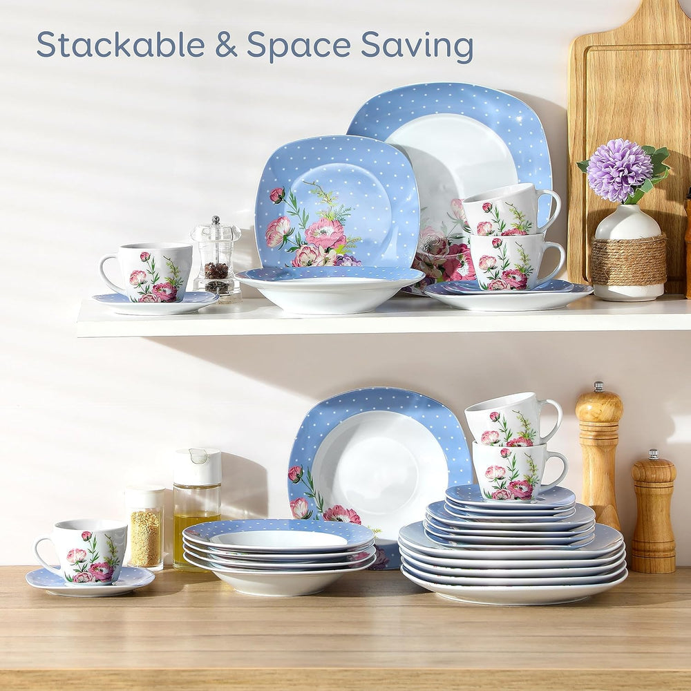 VEWEET Service de table combiné en porcelaine, 30 pièces pour 4 à 12 personnes, série Hannah, assiettes plates, assiettes à dessert, assiettes creuses, tasses à café et soucoupes