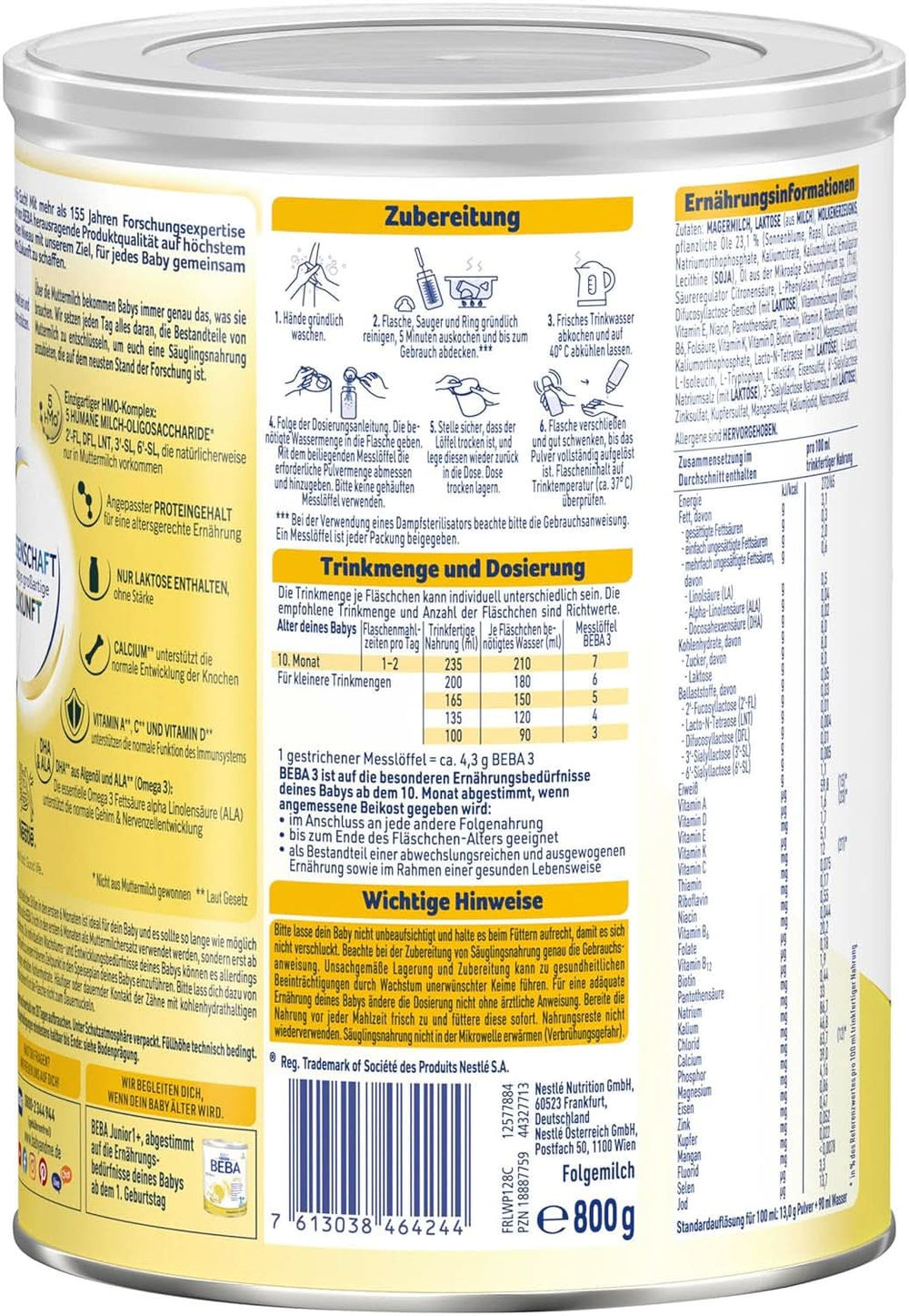 Nestlé BEBA 3 Lait de suite en poudre, préparation de suite à partir de 10 mois, pack de 3 (3 X 800G) Mère et Enfant Naty Shop