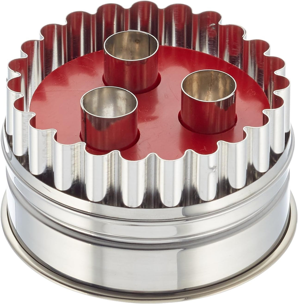 Städter 966339 Linzer grand moule à biscuits avec éjecteur, 3 trous, acier inoxydable, argent/rouge, 6,5 x 6,5 x 4 cm