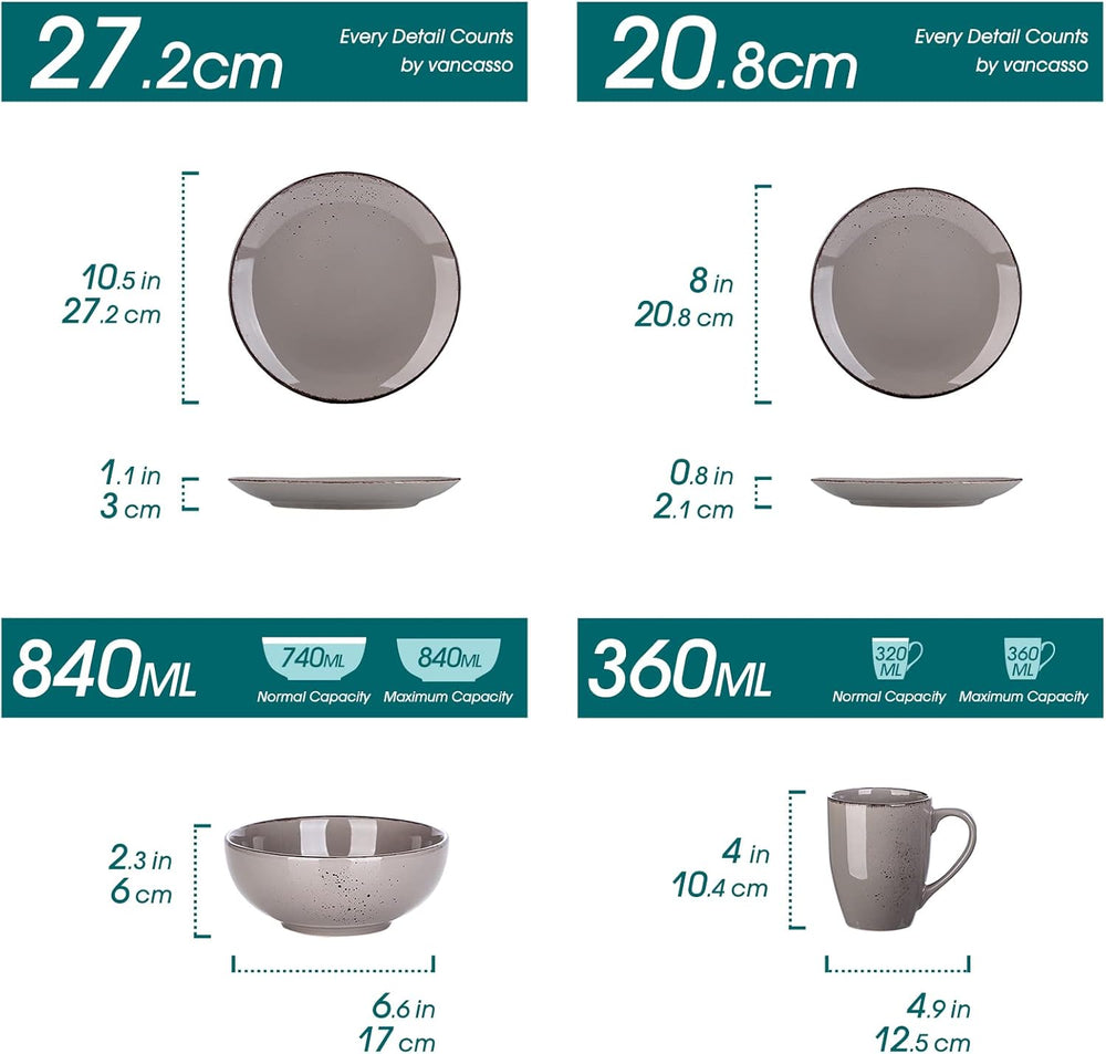 Vancasso Service de table pour 12 personnes Navia Service de table en grès 48 pièces avec assiettes, assiettes à salade, bols et tasses, aspect vintage, design naturel