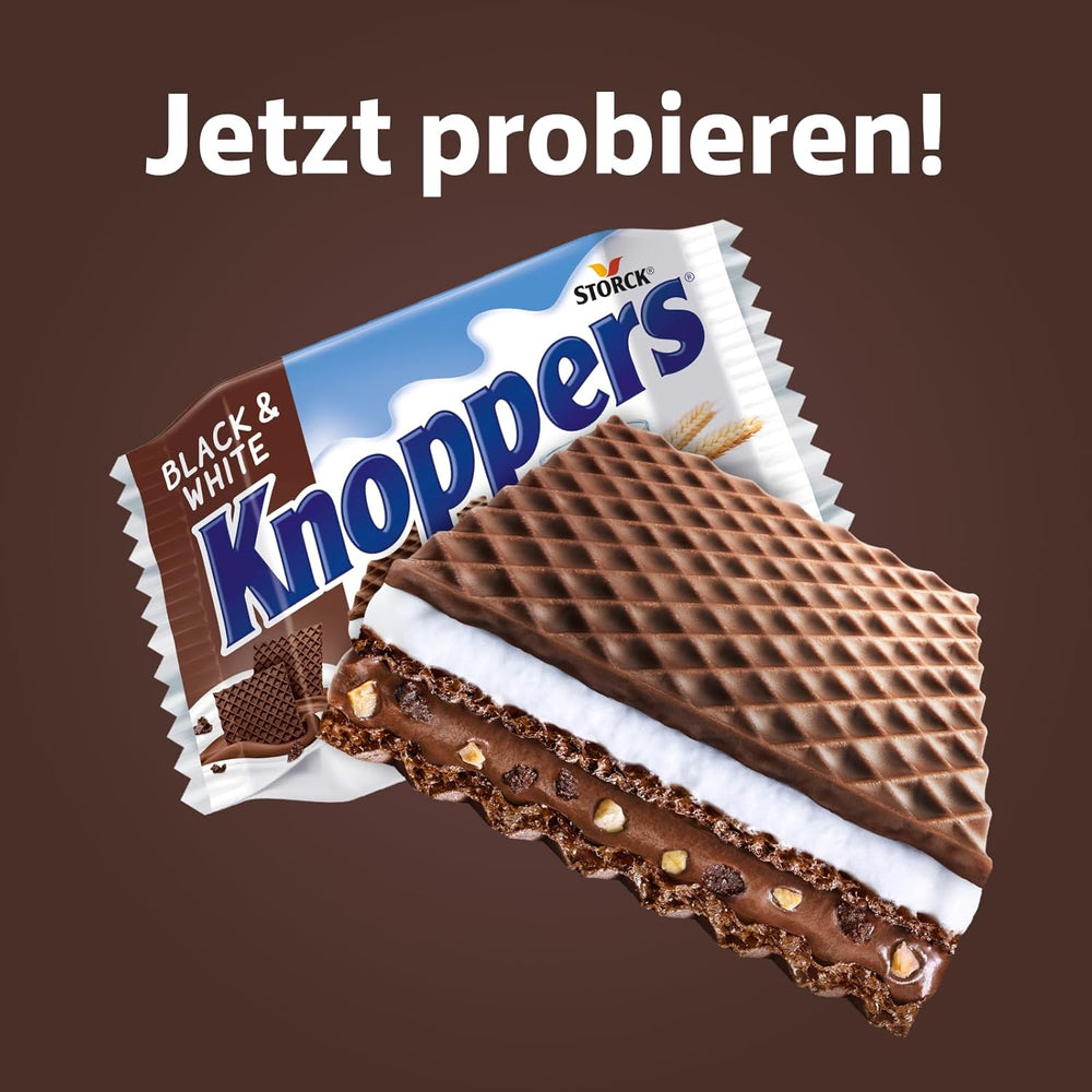 Knoppers Blancs et Noirs – 8 x 25g – Tranches de gaufrettes fourrées de gaufrettes au cacao noir, morceaux de biscuits noirs, lait et crème de nougat