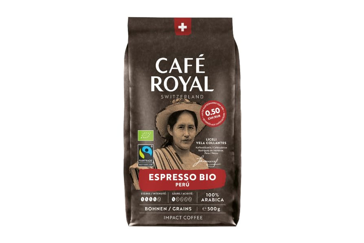 Café Royal Bio Espresso Pérou – Cafés à café 100 % Arabica, aromatiques intenses, rôtis foncés, étoiles 4/5, Bio & Fairtrade, 500 g de pots de fleurs