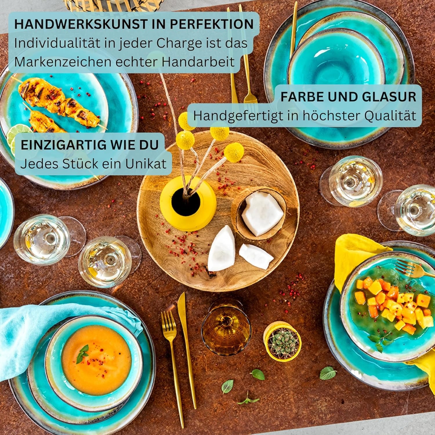 SANGER | Capri Dinnerware Service de table 12 pièces pour 4 personnes en grès comprenant des assiettes plates, des assiettes à dessert et des assiettes Suma Service de table turquoise fait à la main avec bord gris | LA COLLECTION PREMIUM