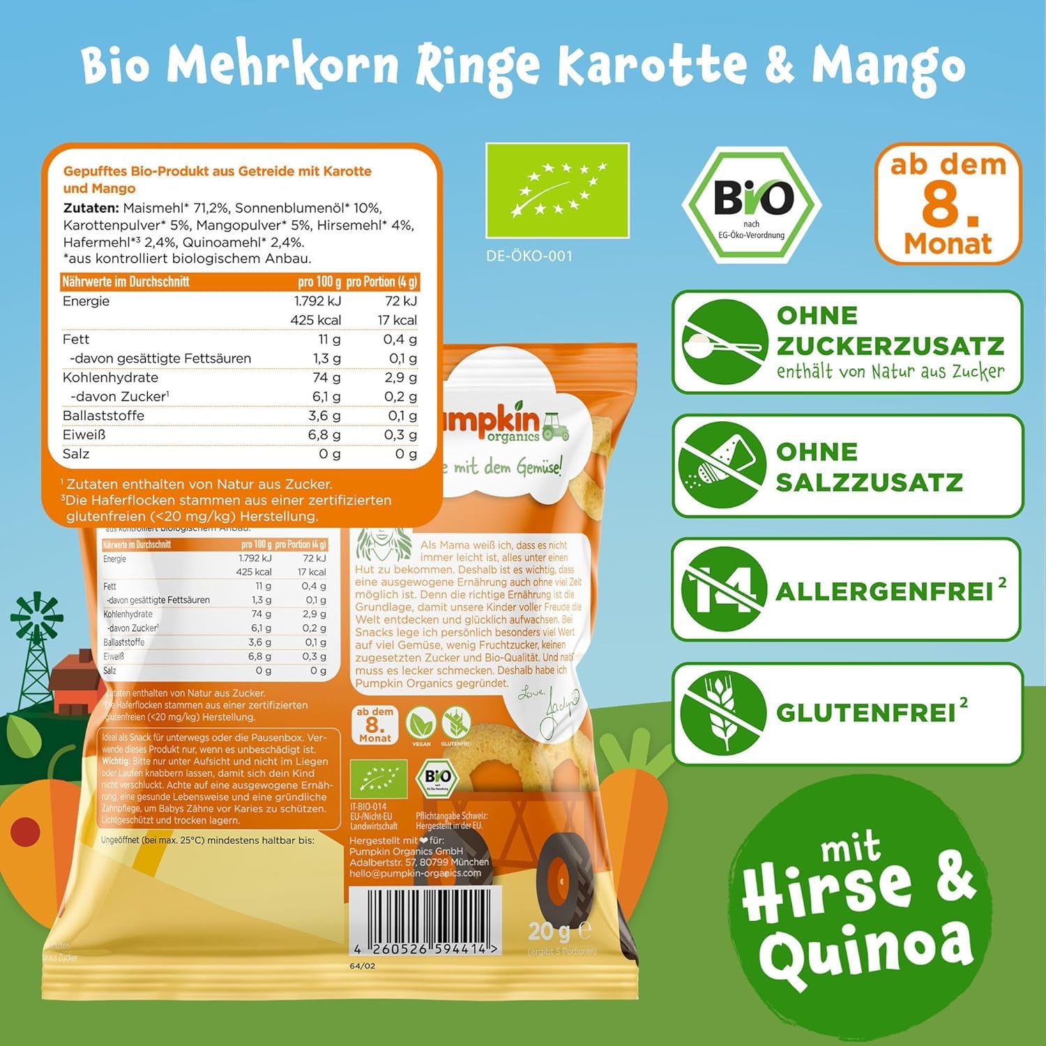 Pumpkin Organics Baby Multigrain Carrot and Mango Rings (Pack de 8) Snacks pour bébé sans additifs à partir de 12 mois - Sans allergène² et sans gluten³ Snacks croquants pour bébé (8 x 20 g)