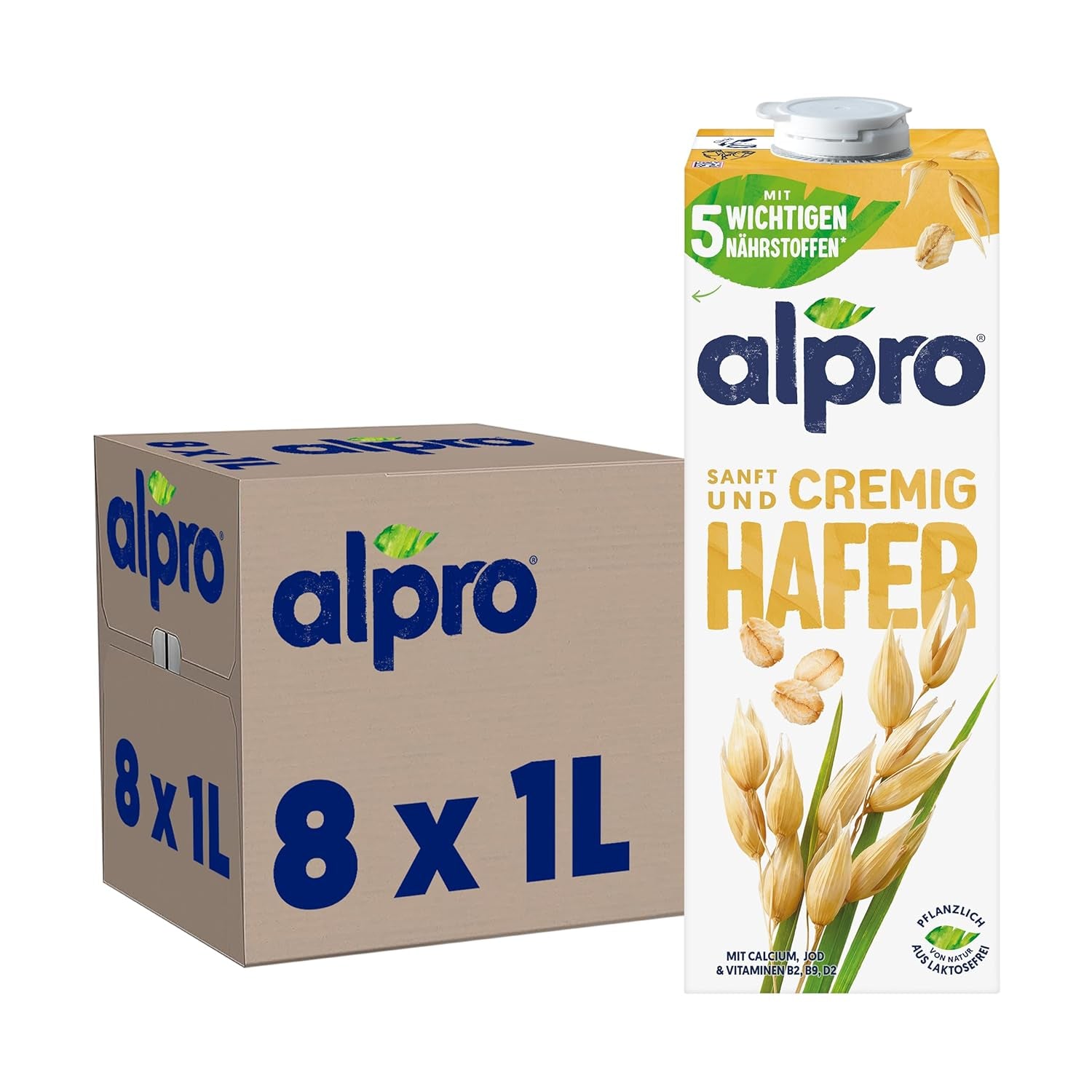 Alpro Haferdrink ohne Zucker – Milchalternative auf Haferbasis – Vegan et sans lactose – Riche en substances de ballast, calcium et vitamines – 8 x 1 L