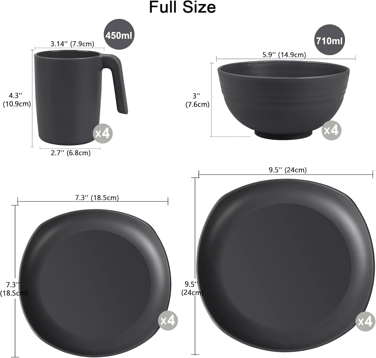 Ensemble de vaisselle en PP | Service de table léger et indestructible de 16 pièces pour enfants et adultes, 4 assiettes, 4 assiettes à dessert, 4 bols, 4 tasses, ensemble combiné pour 4 personnes